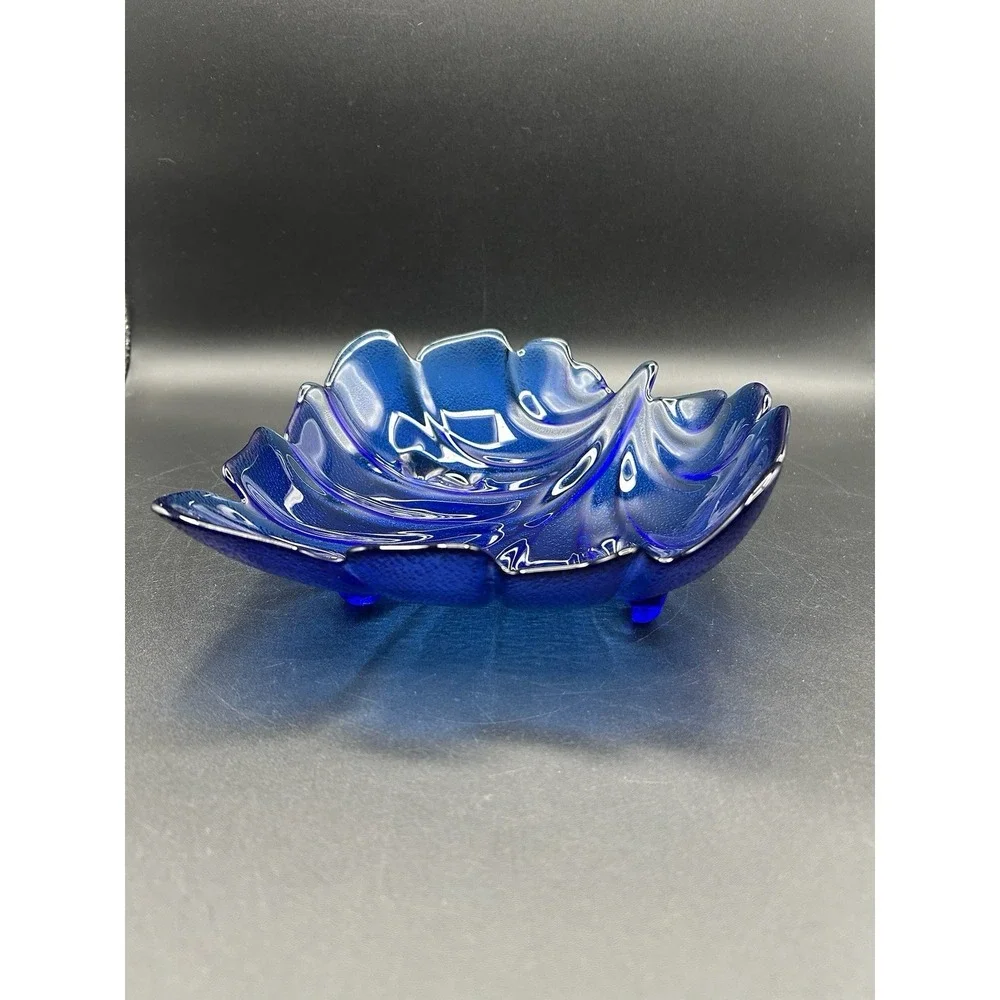 VTG Blue Art Glass Footed Leaf Bowl Dish Cobalt Blue Textured Raised Vein